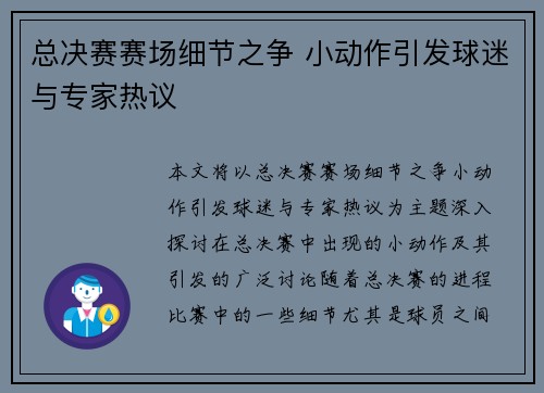 总决赛赛场细节之争 小动作引发球迷与专家热议